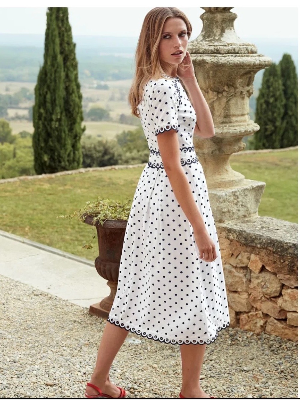 Boden White Polka Dot Midi Dress with Black Trim